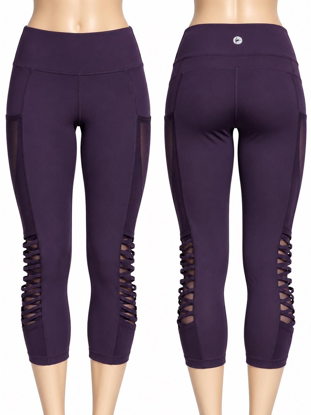 90 Degree by Reflex Purple Capri Leggings Small Strappy Cutout Mesh Yoga Pants